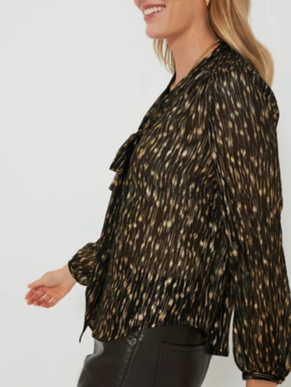 Olivia Palmero x Chelsea 28 NWT
Black Gold Metallic Tie-Neck Blouse